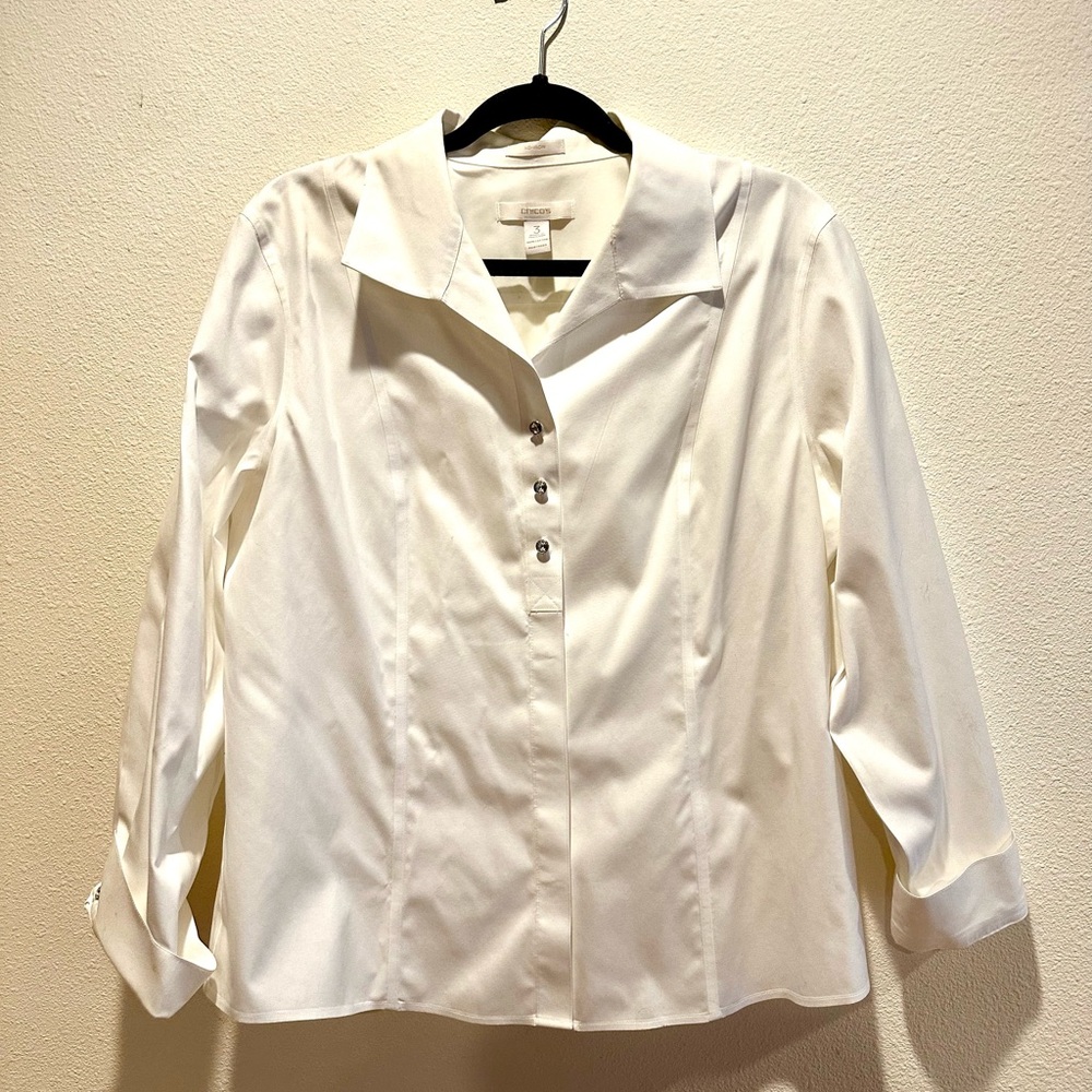 EUC Chico’s Cotton Dress Shirt, rhinestone button detail, 3